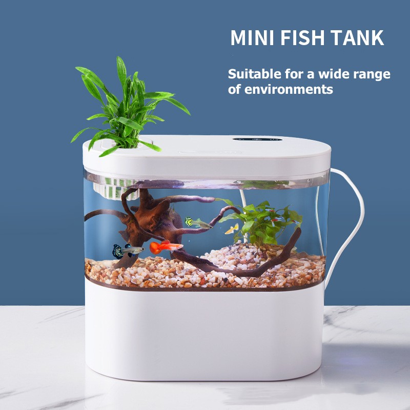 Aquarium Goldfish - ミニデスクトップ水槽 生化学ろ過システムとLED搭載、水交換不要の統合型生態水循環システム付き