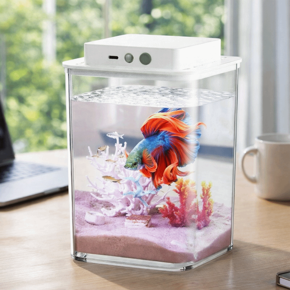 Aquarium Goldfish - 透明なベタ魚水槽、インテリジェントセンシングLEDライト付き魚繁殖水槽、プラスチック製USB充電式フィギュアディスプレイケース水槽